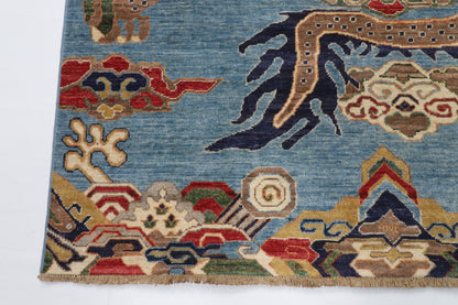 155 x 198 cm | Dragon Blue Hand Knotted Wool Afghan Carpet