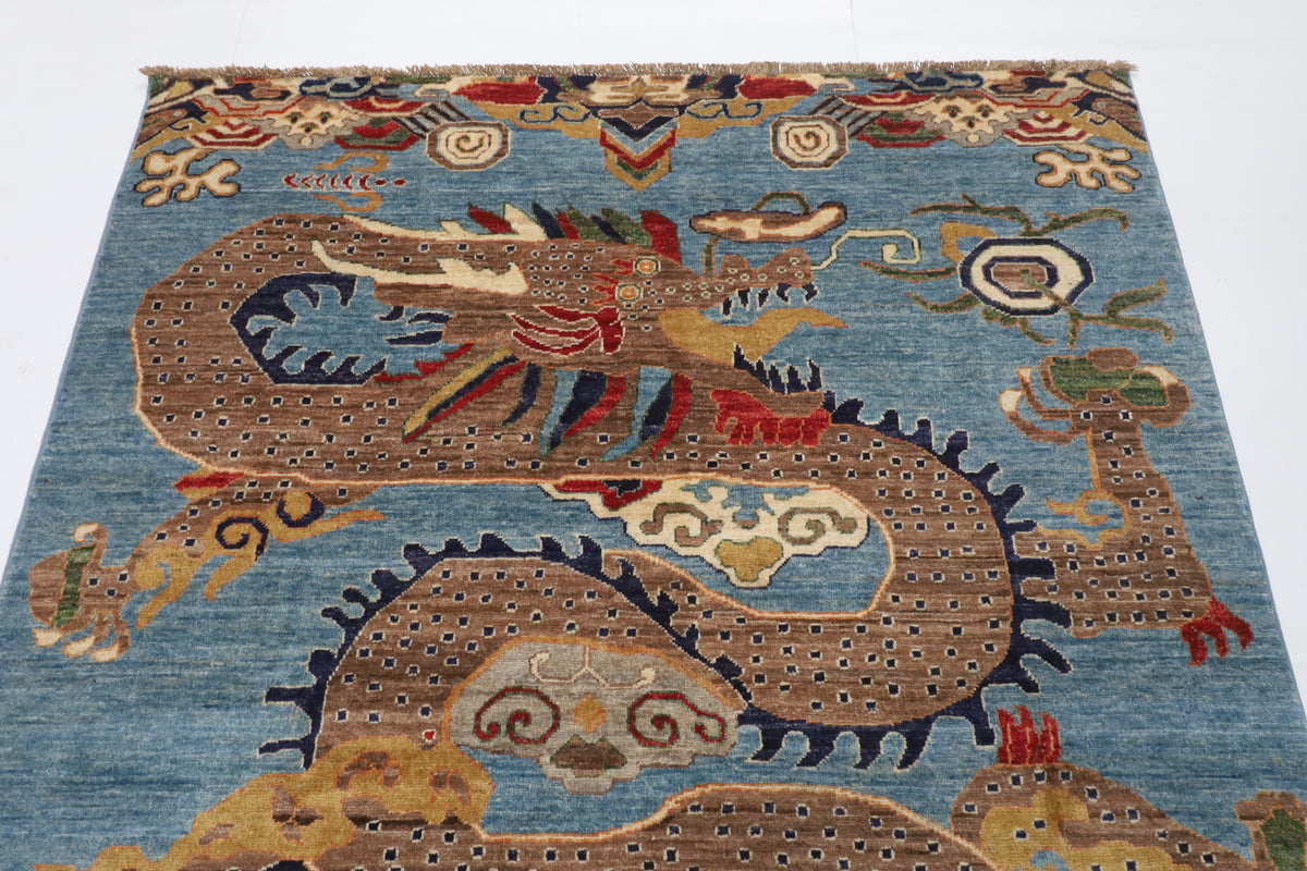 155 x 198 cm | Dragon Blue Hand Knotted Wool Afghan Carpet