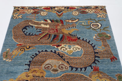 155 x 198 cm | Dragon Blue Hand Knotted Wool Afghan Carpet