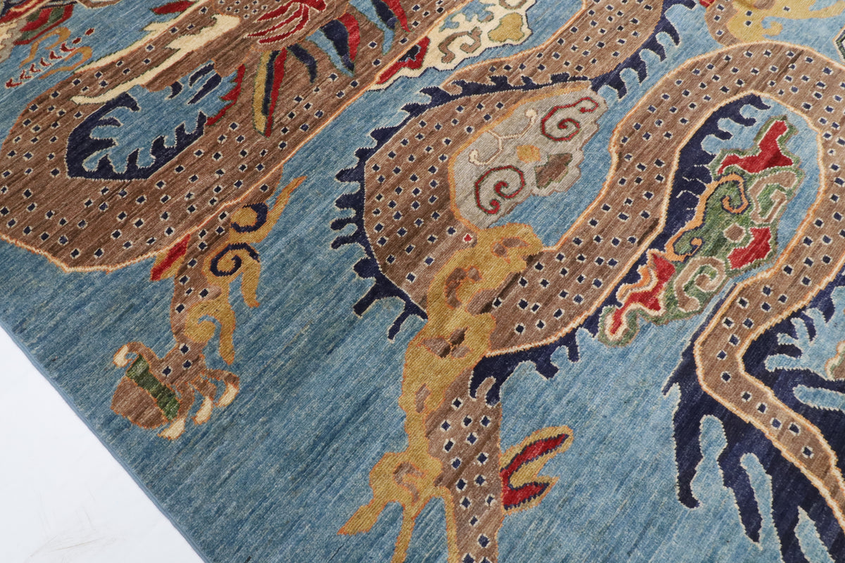 155 x 198 cm | Dragon Blue Hand Knotted Wool Afghan Carpet