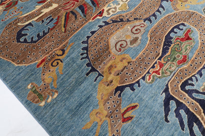 155 x 198 cm | Dragon Blue Hand Knotted Wool Afghan Carpet