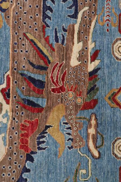 155 x 198 cm | Dragon Blue Hand Knotted Wool Afghan Carpet