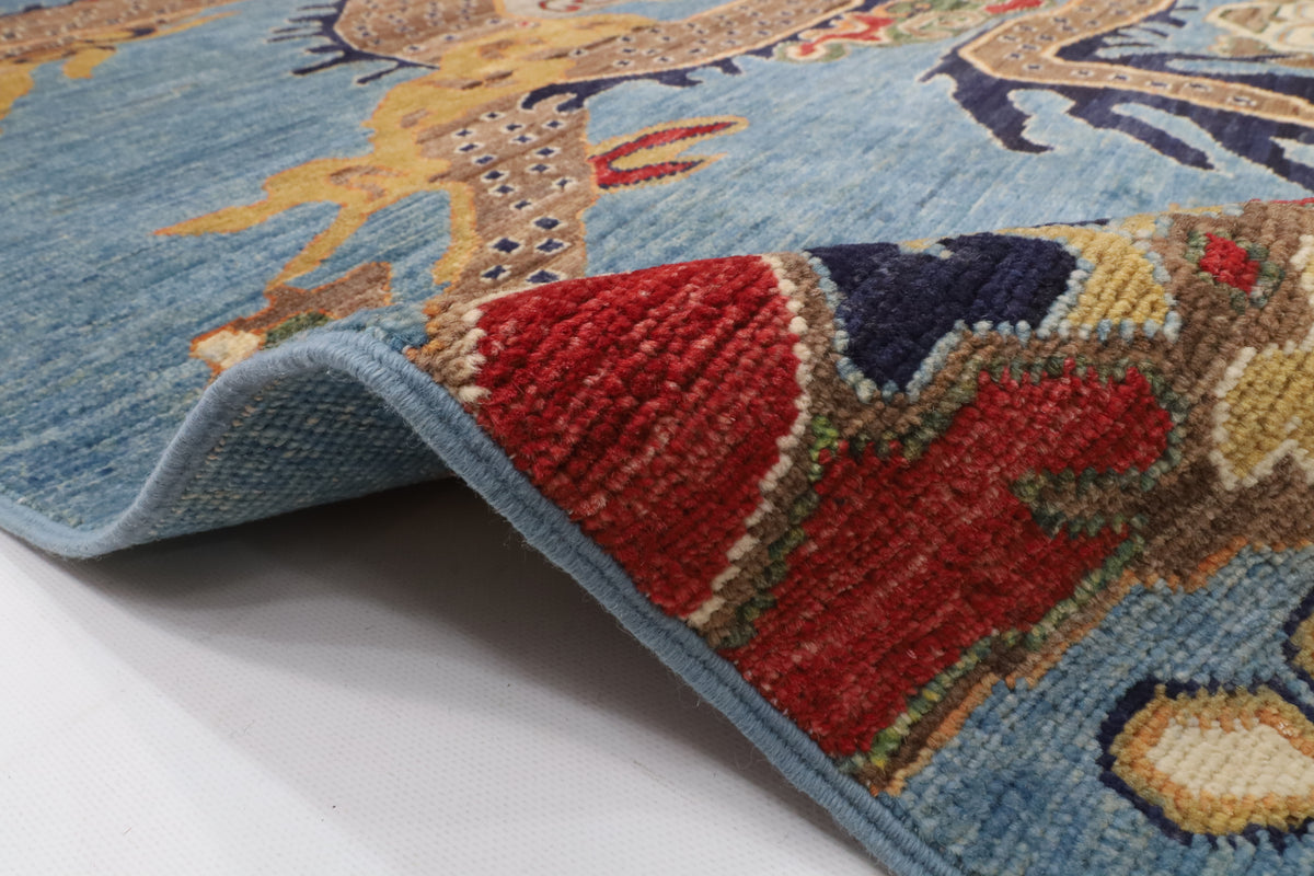155 x 198 cm | Dragon Blue Hand Knotted Wool Afghan Carpet