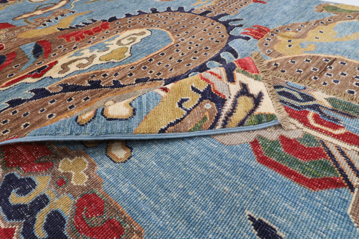 155 x 198 cm | Dragon Blue Hand Knotted Wool Afghan Carpet