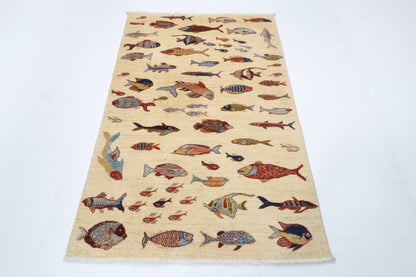 119 x 179 cm | Fish Beige Design Hand Knotted Wool Afghan Carpet