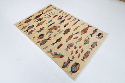 119 x 179 cm | Fish Beige Design Hand Knotted Wool Afghan Carpet