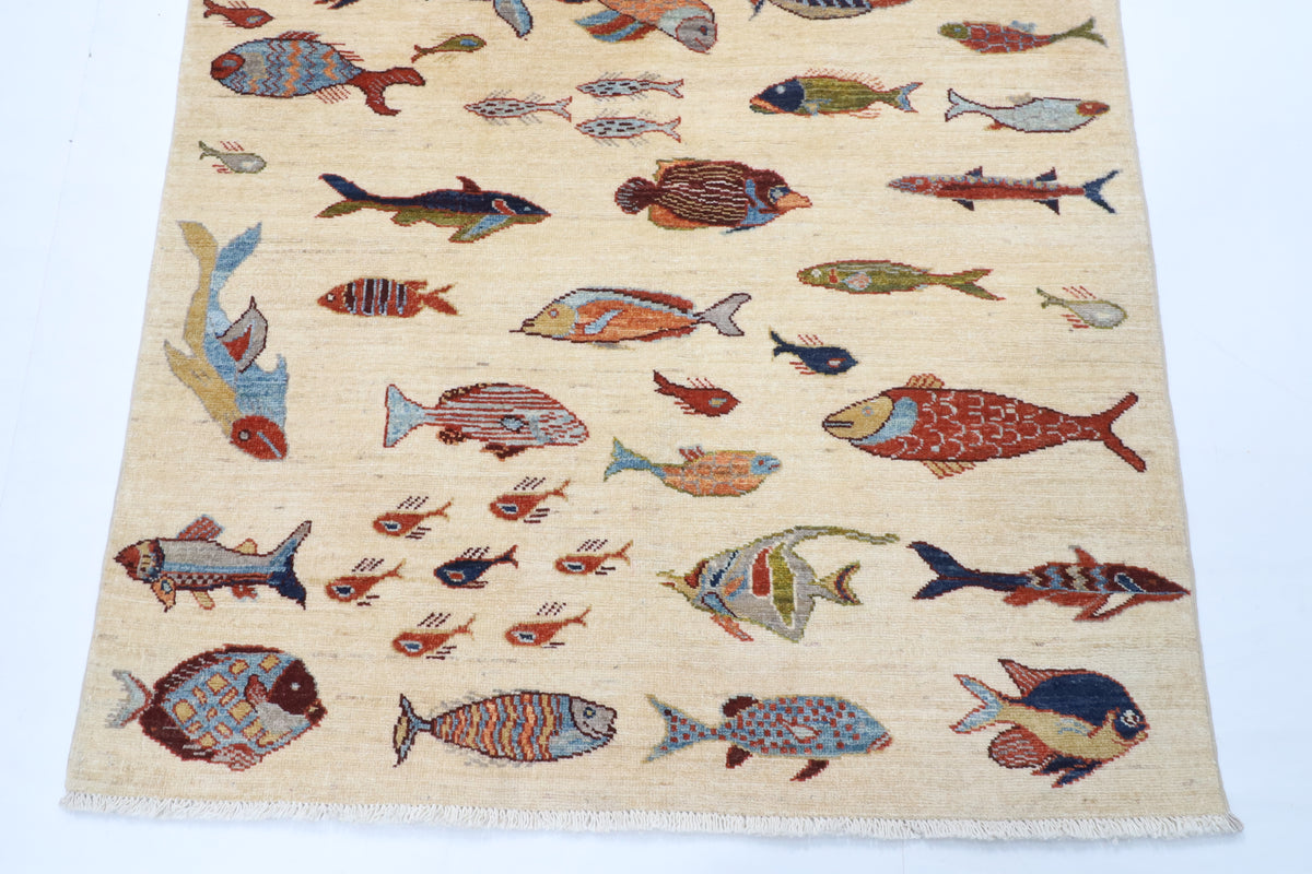 119 x 179 cm | Fish Beige Design Hand Knotted Wool Afghan Carpet