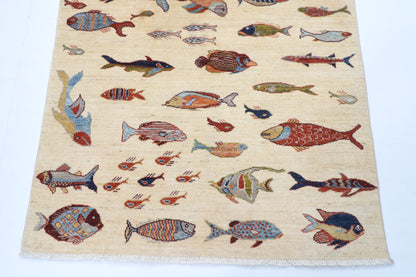 119 x 179 cm | Fish Beige Design Hand Knotted Wool Afghan Carpet