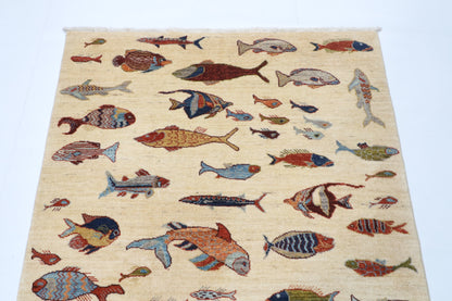 119 x 179 cm | Fish Beige Design Hand Knotted Wool Afghan Carpet