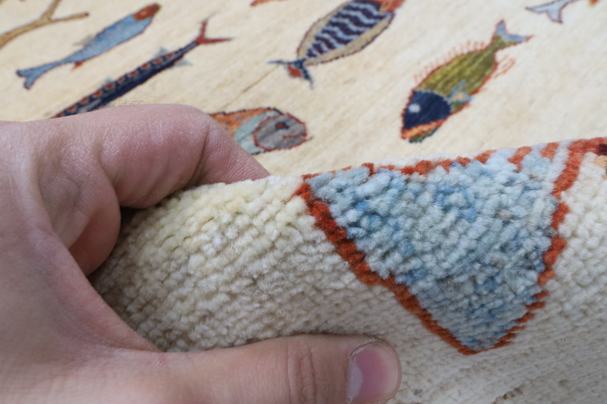119 x 179 cm | Fish Beige Design Hand Knotted Wool Afghan Carpet