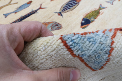119 x 179 cm | Fish Beige Design Hand Knotted Wool Afghan Carpet
