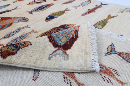 119 x 179 cm | Fish Beige Design Hand Knotted Wool Afghan Carpet