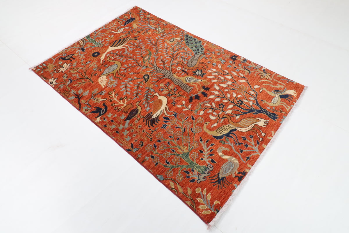 120 x 180 cm | Birds Orange Design Hand Knotted Wool Afghan Carpet