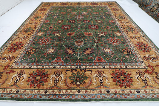 363 x 444 cm | Oriental Large Floral Green Area Rug Afghan Hand Knotted Veg Dye Wool carpet