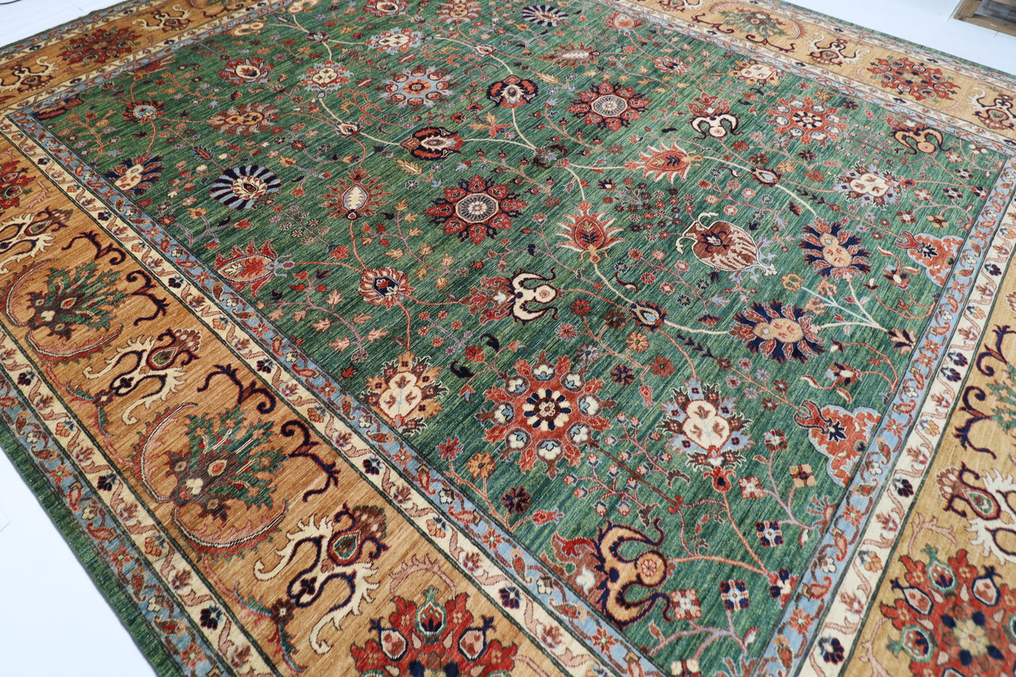 363 x 444 cm | Oriental Large Floral Green Area Rug Afghan Hand Knotted Veg Dye Wool carpet