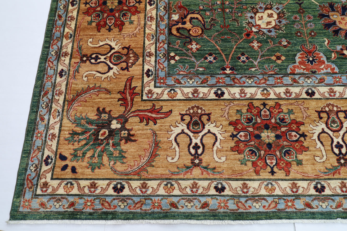 363 x 444 cm | Oriental Large Floral Green Area Rug Afghan Hand Knotted Veg Dye Wool carpet