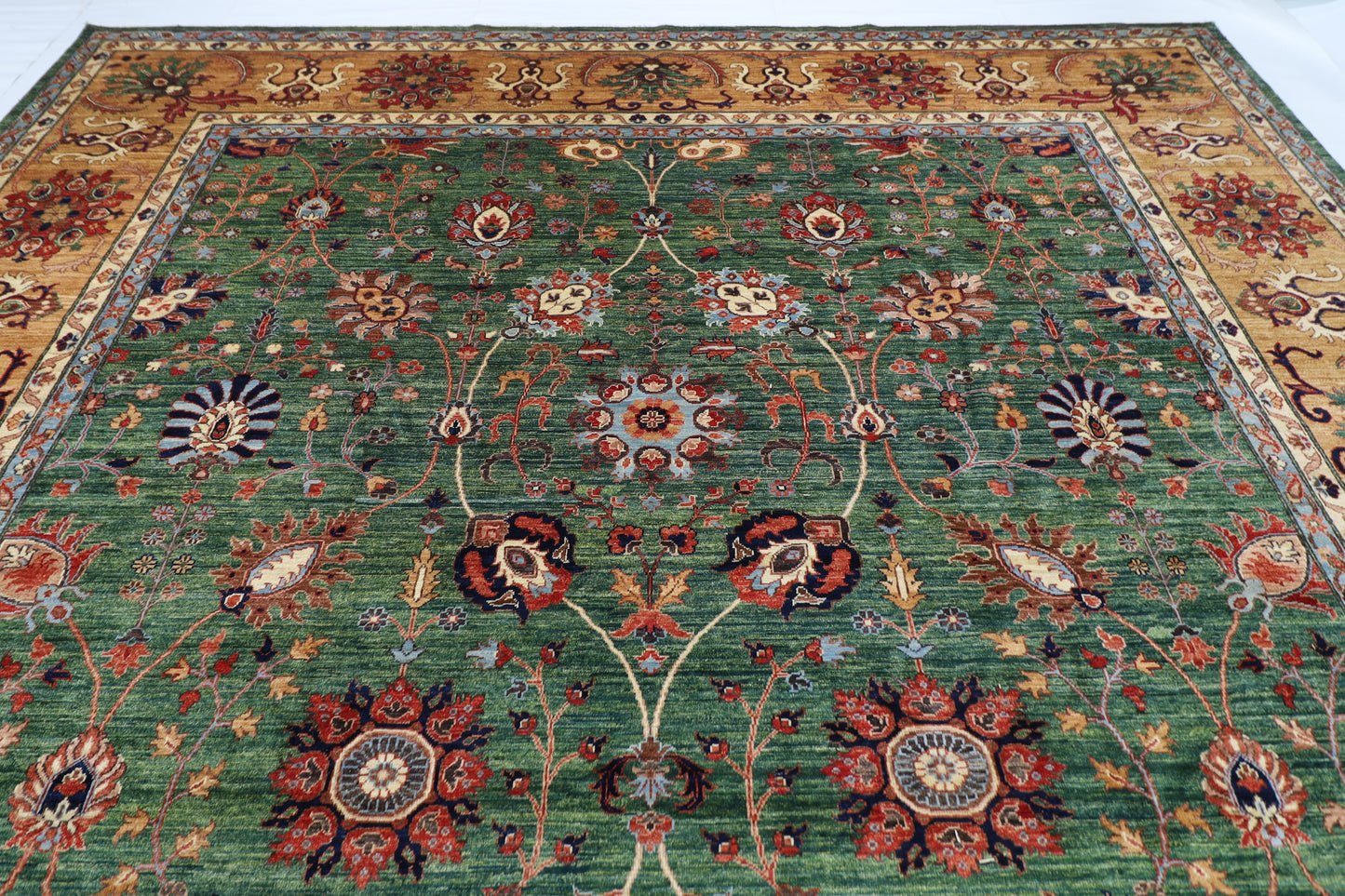 363 x 444 cm | Oriental Large Floral Green Area Rug Afghan Hand Knotted Veg Dye Wool carpet
