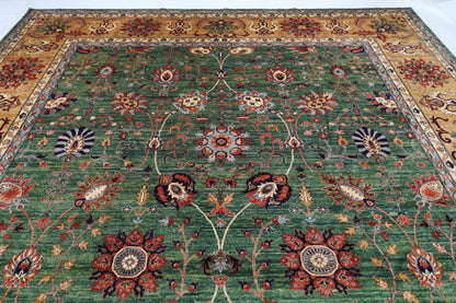 363 x 444 cm | Oriental Large Floral Green Area Rug Afghan Hand Knotted Veg Dye Wool carpet
