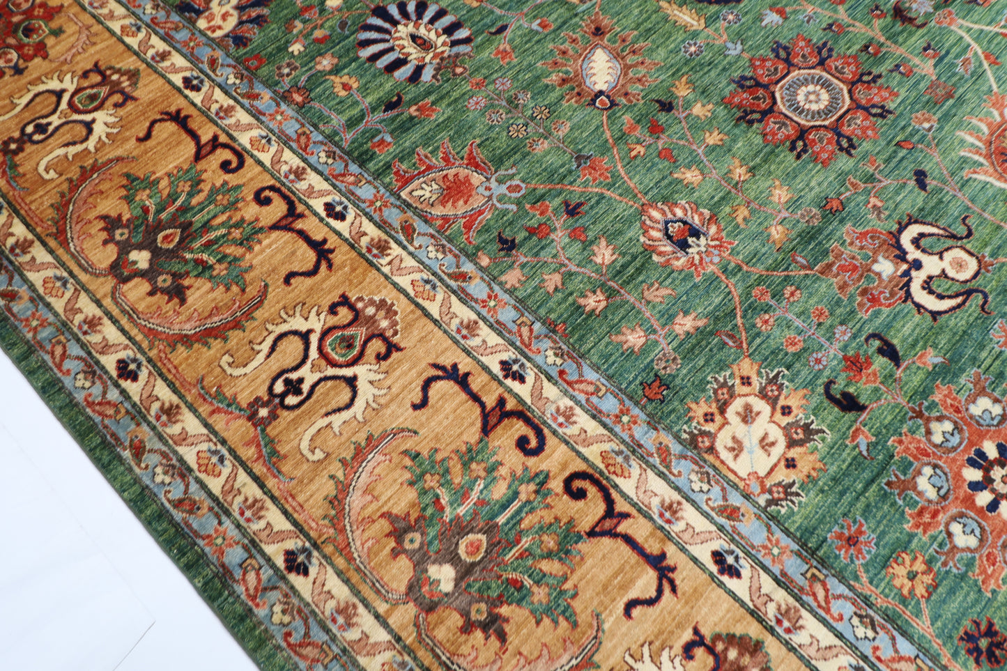 363 x 444 cm | Oriental Large Floral Green Area Rug Afghan Hand Knotted Veg Dye Wool carpet