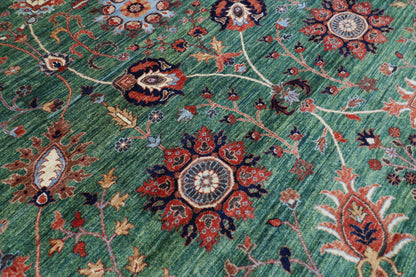 363 x 444 cm | Oriental Large Floral Green Area Rug Afghan Hand Knotted Veg Dye Wool carpet