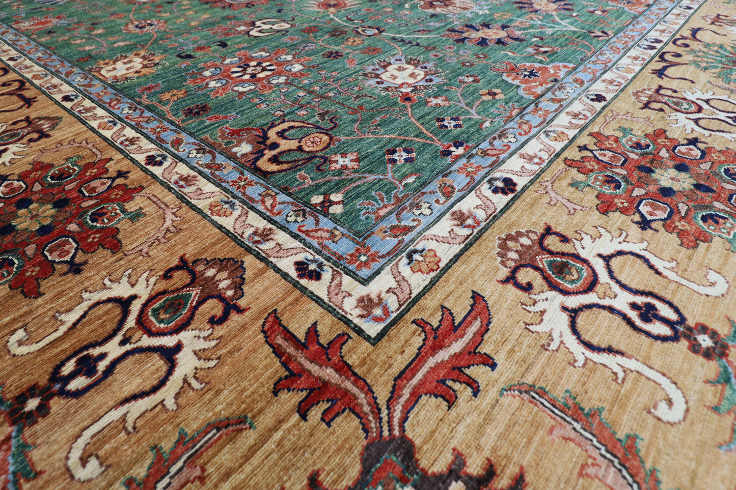 363 x 444 cm | Oriental Large Floral Green Area Rug Afghan Hand Knotted Veg Dye Wool carpet
