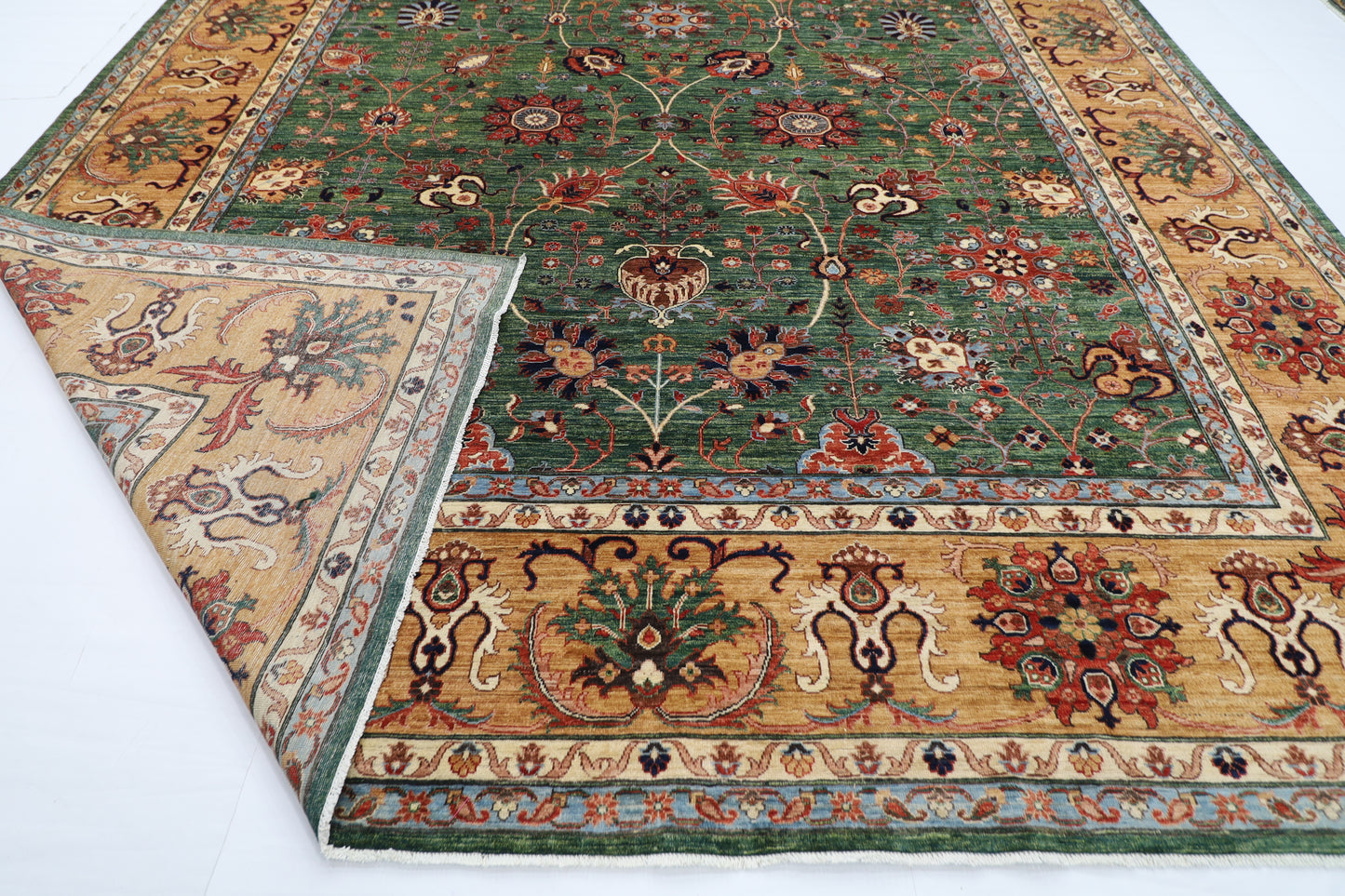 363 x 444 cm | Oriental Large Floral Green Area Rug Afghan Hand Knotted Veg Dye Wool carpet