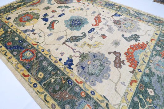 312 x 446 cm | Oriental Oushak Beige Area Rug Afghan Hand Knotted Veg Dye Wool carpet