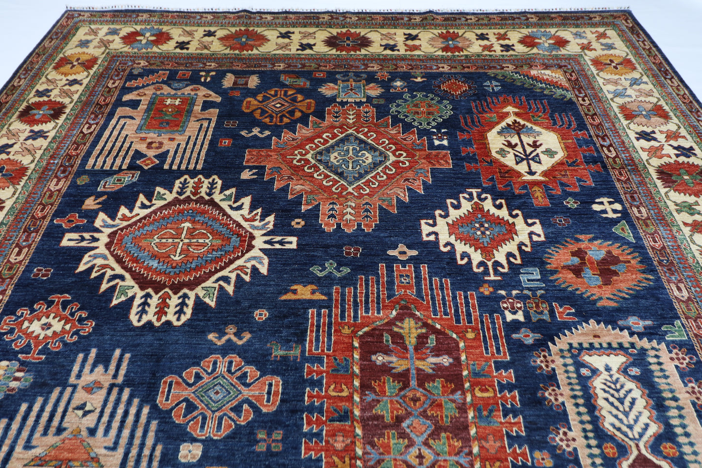 300 x 390 cm | Oriental Geometric Blue Area Rug Afghan Hand Knotted Veg Dye Wool carpet