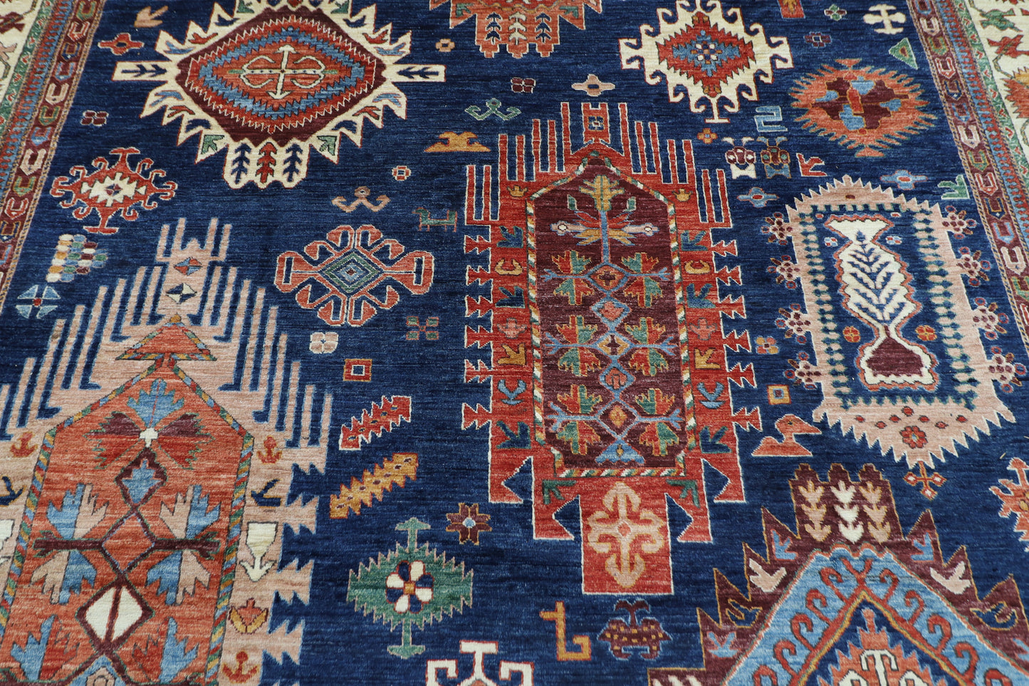 300 x 390 cm | Oriental Geometric Blue Area Rug Afghan Hand Knotted Veg Dye Wool carpet
