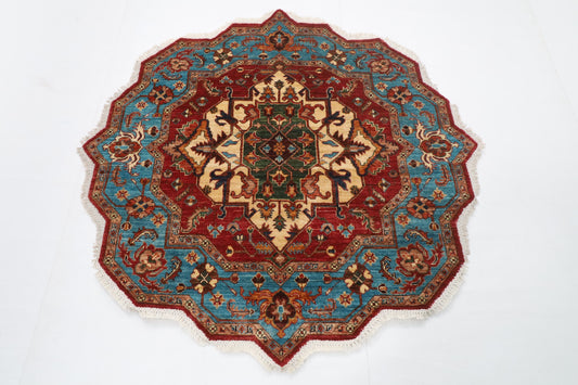 149 x 149 cm | Heriz Red Round Hand Knotted Wool Afghan Carpet