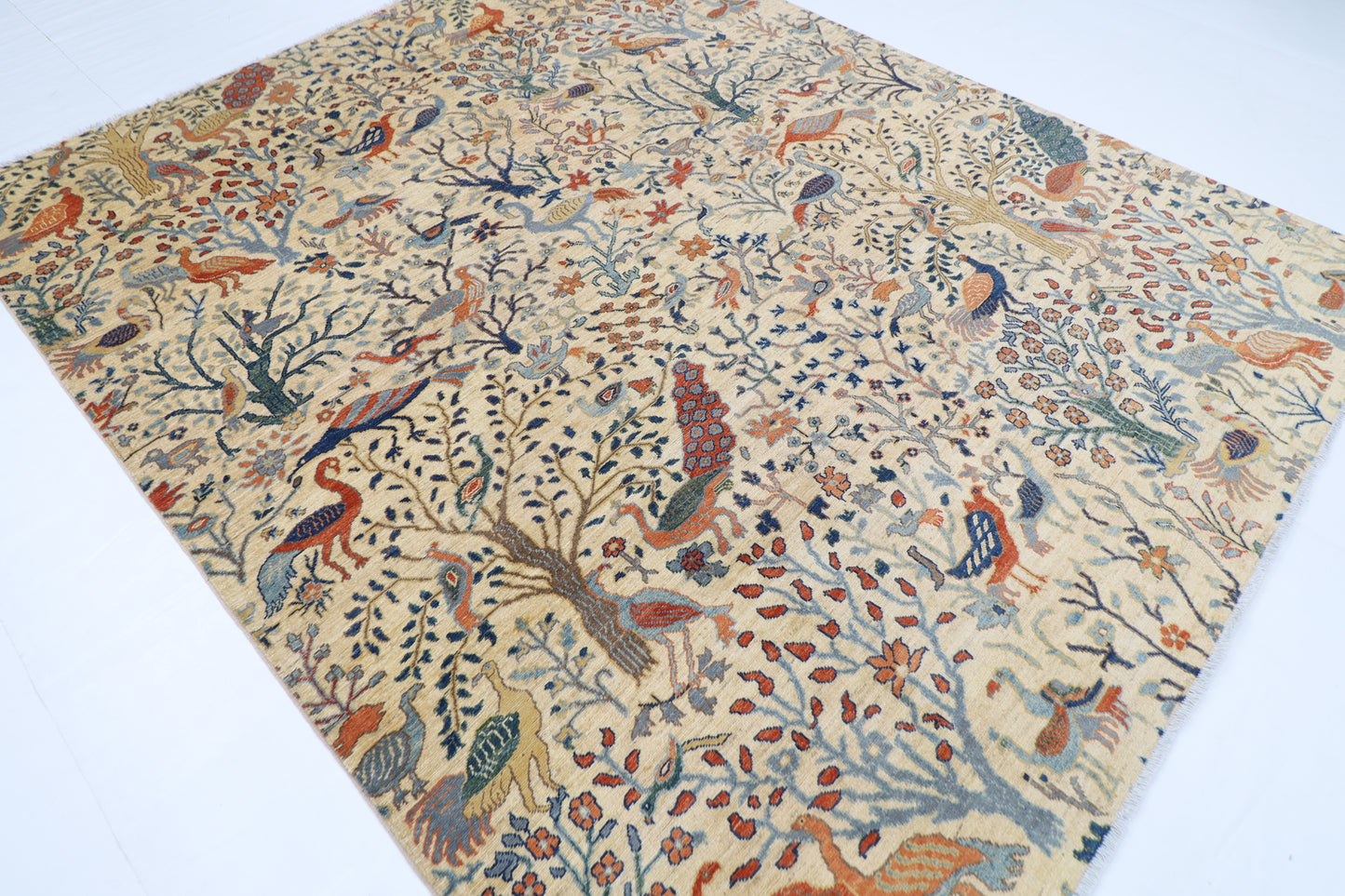 243 x 291 cm | Beige Birds Area Rug Afghan Hand Knotted Veg Dye Wool carpet