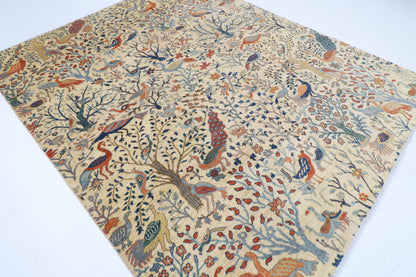 243 x 291 cm | Beige Birds Area Rug Afghan Hand Knotted Veg Dye Wool carpet