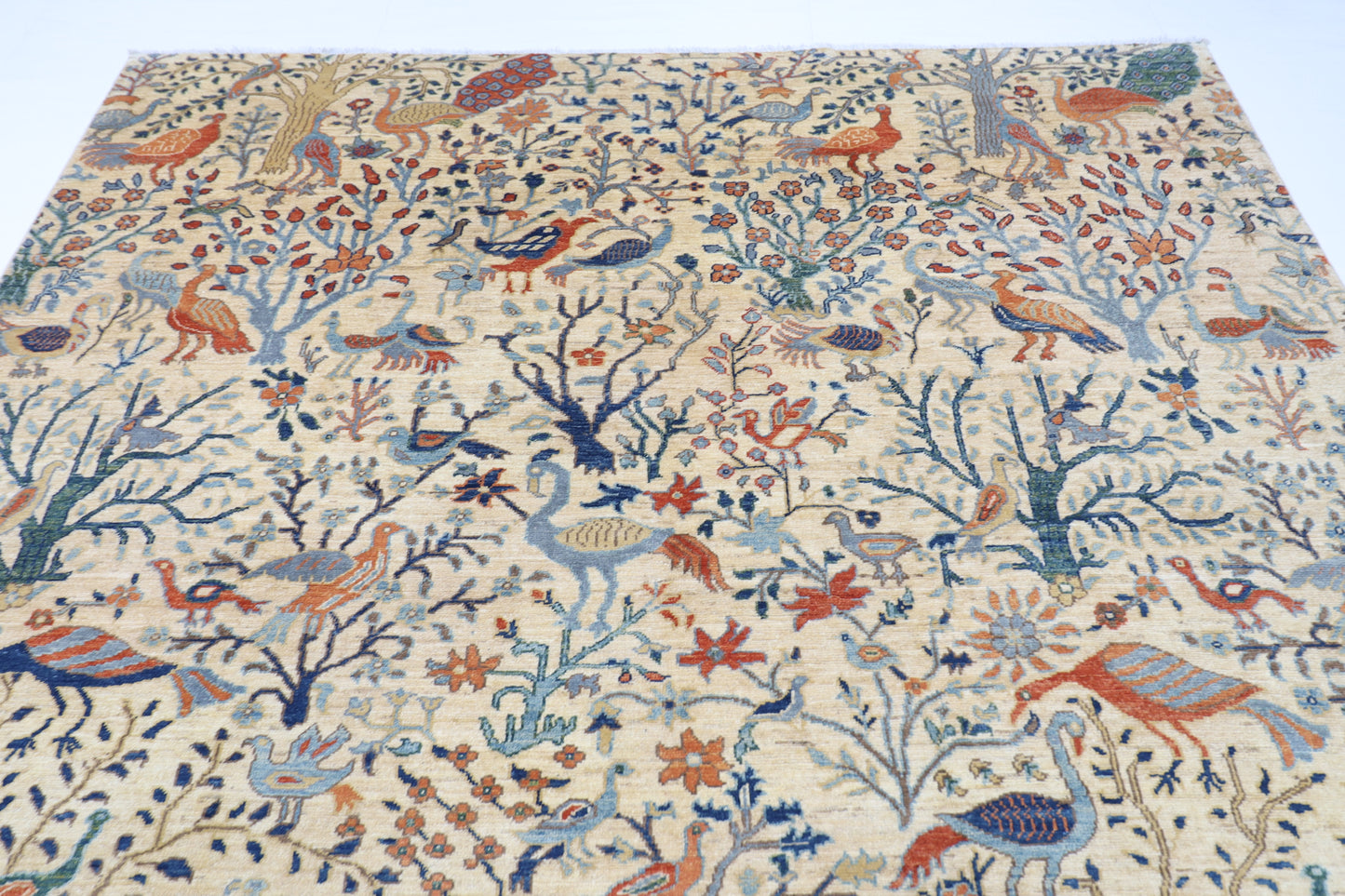 243 x 291 cm | Beige Birds Area Rug Afghan Hand Knotted Veg Dye Wool carpet