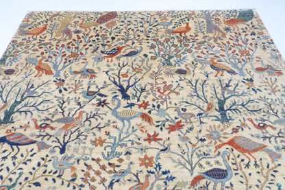 243 x 291 cm | Beige Birds Area Rug Afghan Hand Knotted Veg Dye Wool carpet