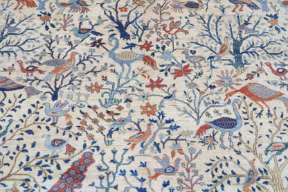 243 x 291 cm | Beige Birds Area Rug Afghan Hand Knotted Veg Dye Wool carpet