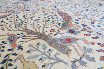 243 x 291 cm | Beige Birds Area Rug Afghan Hand Knotted Veg Dye Wool carpet