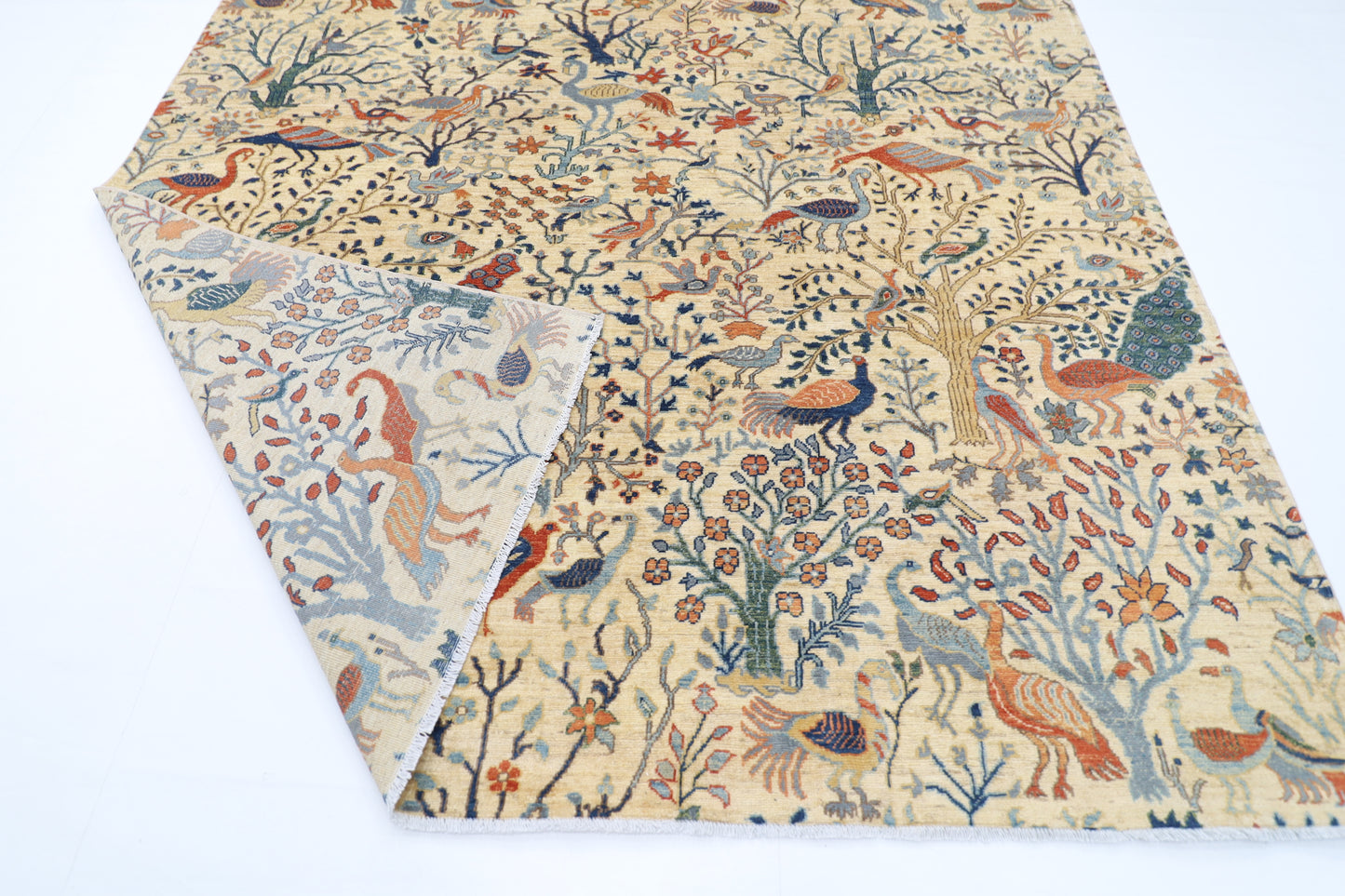 243 x 291 cm | Beige Birds Area Rug Afghan Hand Knotted Veg Dye Wool carpet