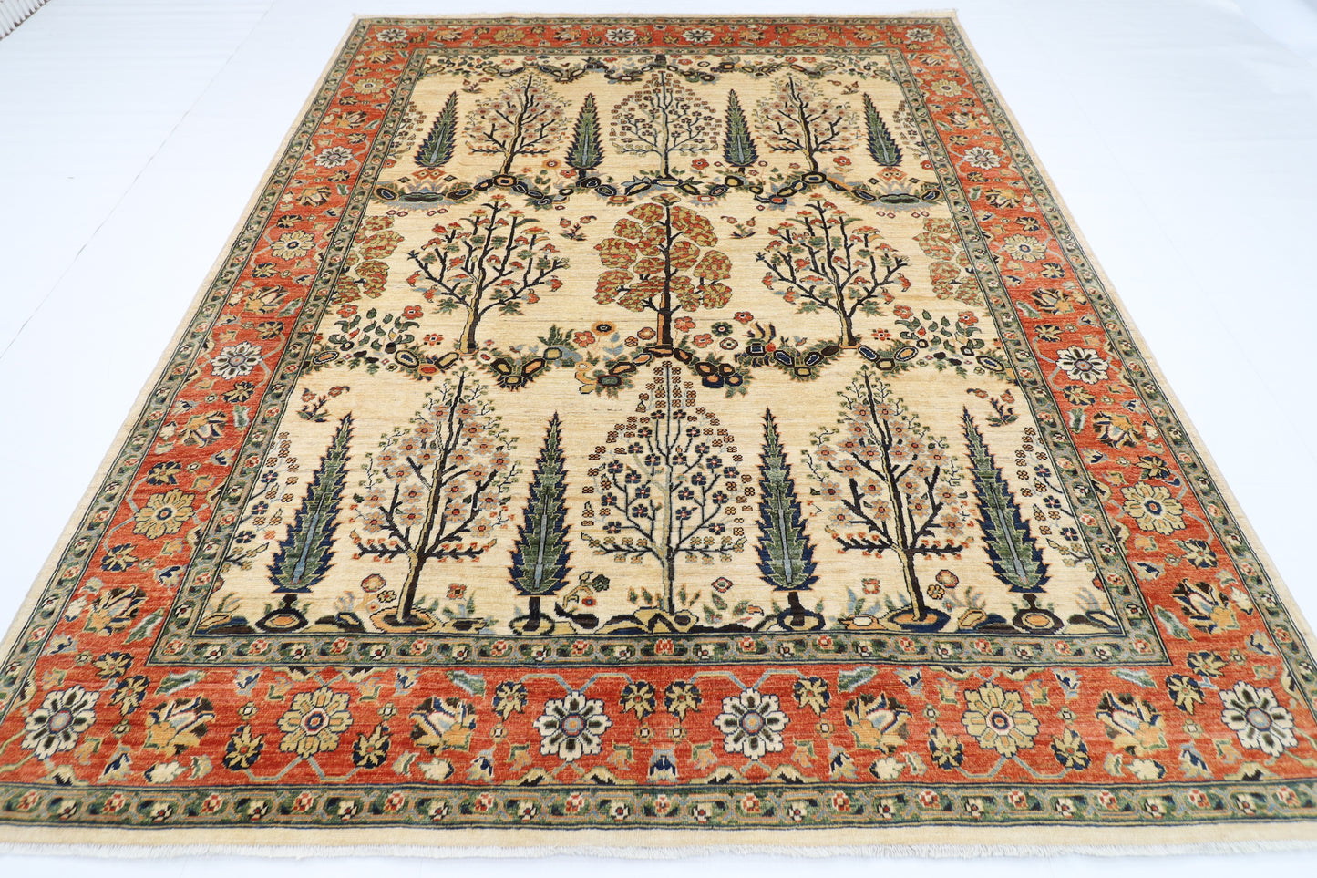 246 x 297 cm | Tree of life Beige Area Rug Afghan Hand Knotted Veg Dye Wool carpet