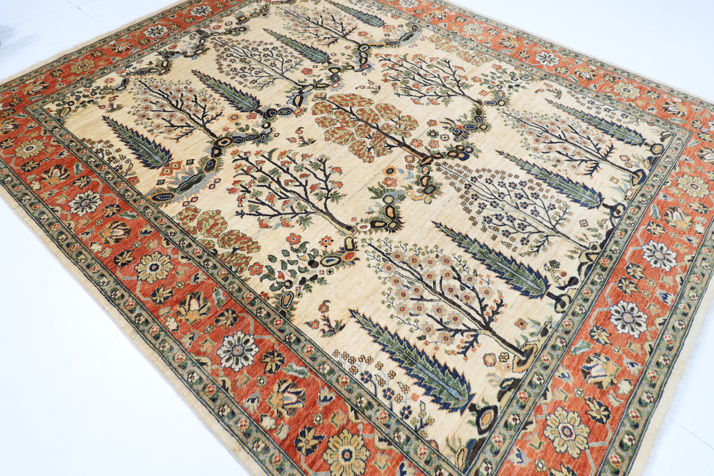 246 x 297 cm | Tree of life Beige Area Rug Afghan Hand Knotted Veg Dye Wool carpet