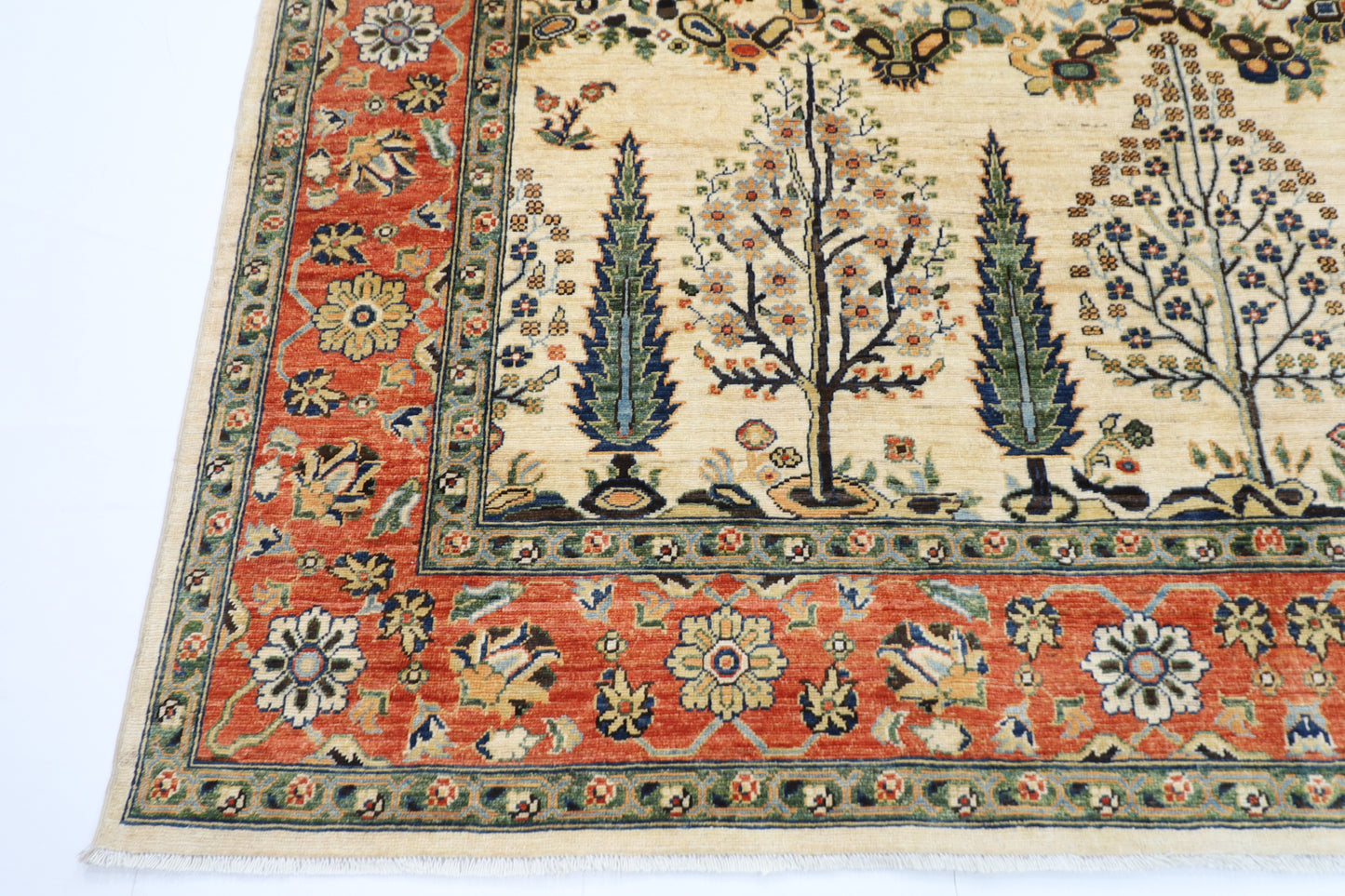 246 x 297 cm | Tree of life Beige Area Rug Afghan Hand Knotted Veg Dye Wool carpet