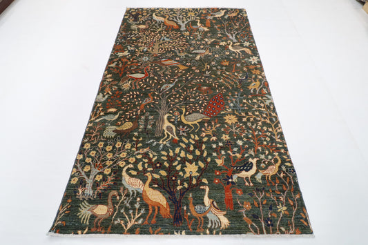 147 x 240 cm | Birds Green Hand Knotted Wool Afghan Carpet