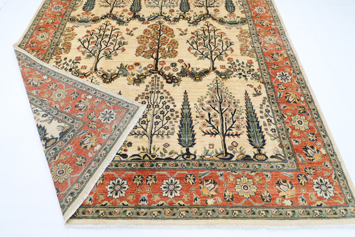 246 x 297 cm | Tree of life Beige Area Rug Afghan Hand Knotted Veg Dye Wool carpet