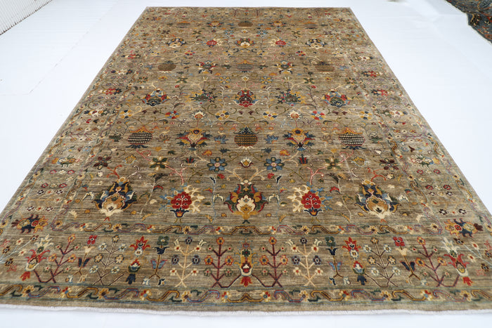 274 x 366 cm | Floral Gray Area Rug Afghan Hand Knotted Veg Dye Wool carpet