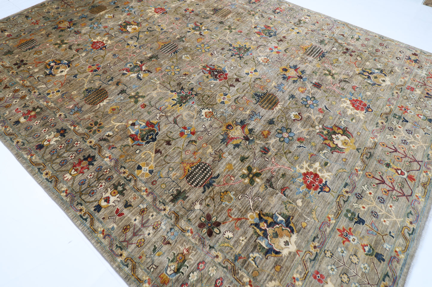 274 x 366 cm | Floral Gray Area Rug Afghan Hand Knotted Veg Dye Wool carpet