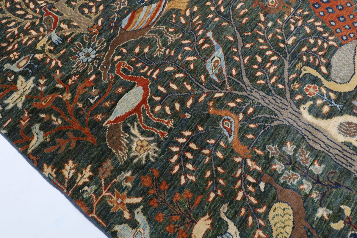 147 x 240 cm | Birds Green Hand Knotted Wool Afghan Carpet