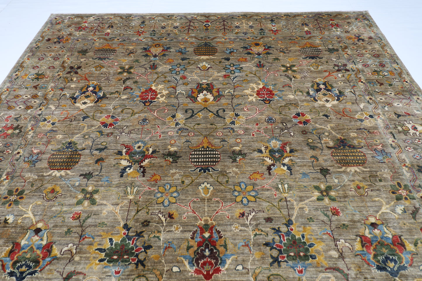 274 x 366 cm | Floral Gray Area Rug Afghan Hand Knotted Veg Dye Wool carpet