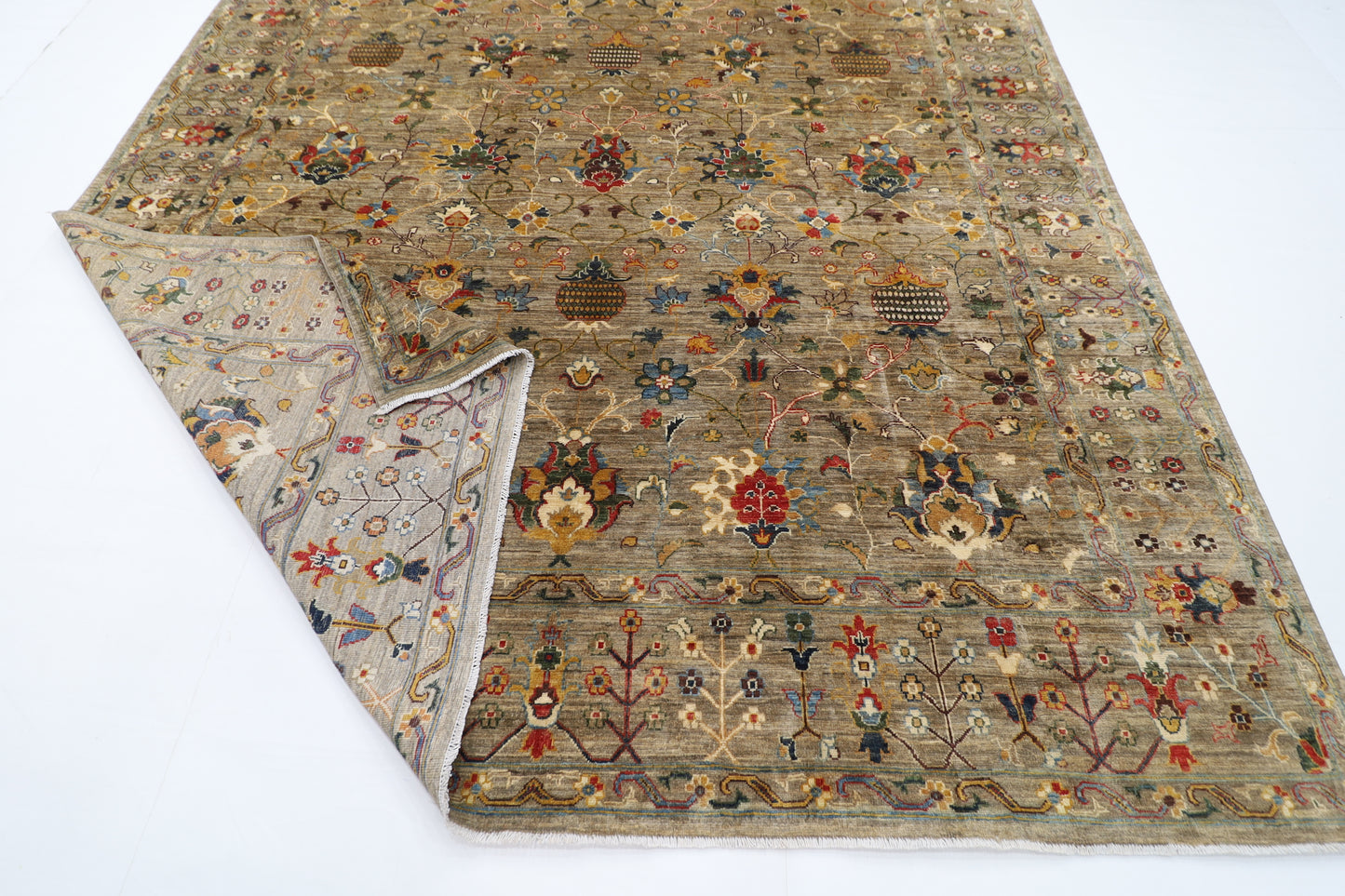 274 x 366 cm | Floral Gray Area Rug Afghan Hand Knotted Veg Dye Wool carpet