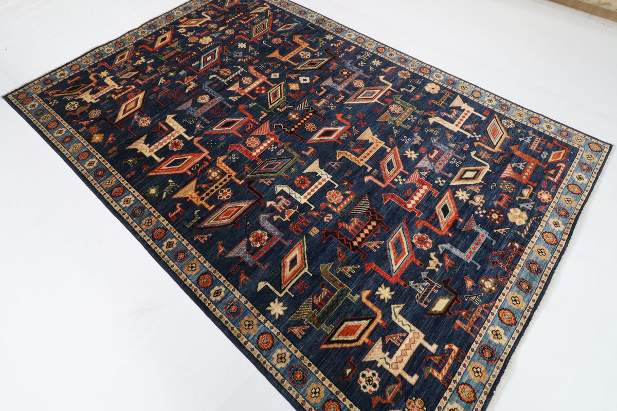 182 x 274 cm | Birds Navy Blue Hand Knotted Wool Afghan Carpet