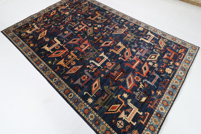 182 x 274 cm | Birds Navy Blue Hand Knotted Wool Afghan Carpet