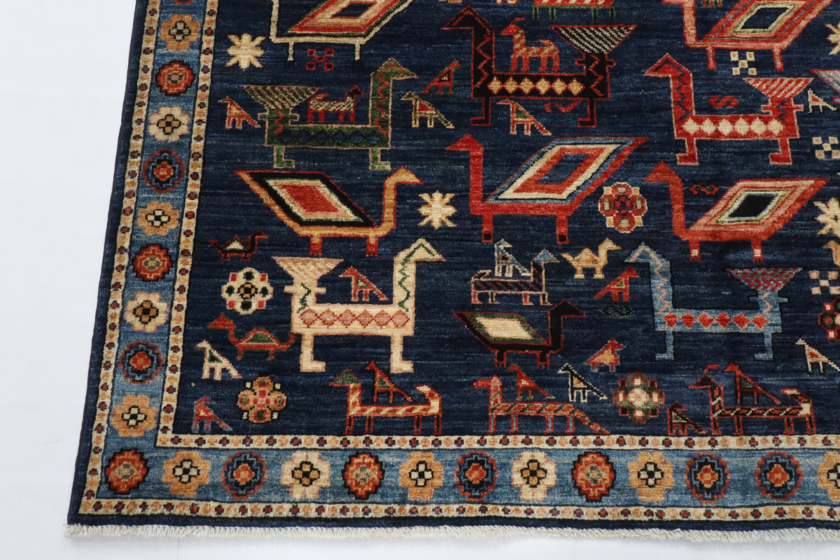 182 x 274 cm | Birds Navy Blue Hand Knotted Wool Afghan Carpet